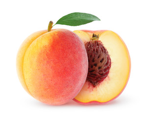 Aufkleber - Isolated peach. Whole and cut peaches over white background, with clipping path
