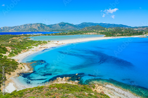 Fotografia  View of Villasimius lagoon beach and blue sea, Sardinia island