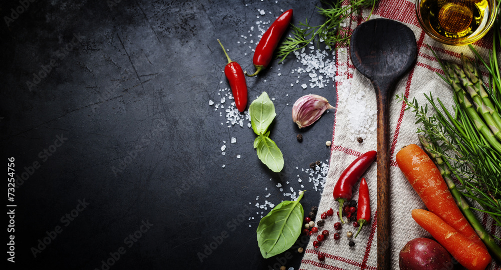 Wooden spoon and ingredients - obrazy, fototapety, plakaty 