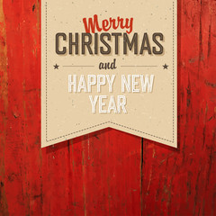 Poster - Merry Christmas VIntage Tag Design On Red Planks. Vector