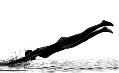 woman competition swimmer on starting silhouette