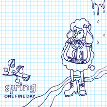 Cute Sheep Girl With Ship.Spring Sketchy Notepaper
