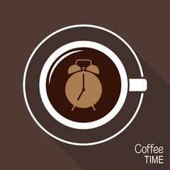 Cup of coffee with alarm clock on its surface. Coffee time