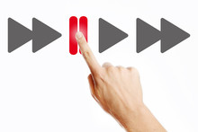 Male Hand Pressing Pause Button On The Virtual Screen