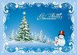 Christmas card with Christmas tree and snowman