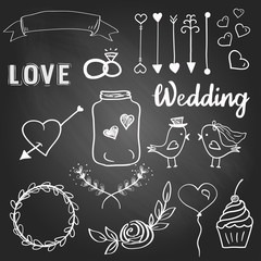 Wall Mural - Cute wedding elements on the blacboard