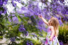Happy Little Girl Has A Fun In Blossom Jacaranda Garden