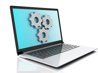 Poster - 3d laptop and gears. Isolated on white background