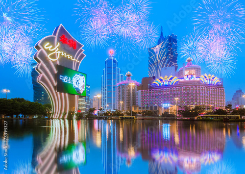Photo Buildings of Macau Casino with firework