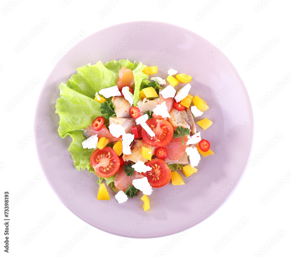 Appetizing fish salad with vegetables on plate isolated on