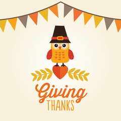 happy thanksgiving card with owl in pilgrim hat giving thanks