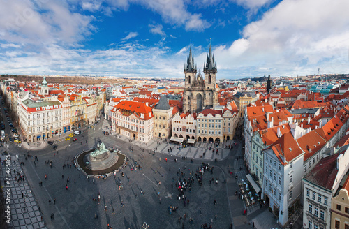 Wide angle panorama of central square in Prague, Czech Republic Poster