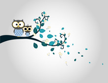 Two Cute Owls On A Tree Branch Silhouette