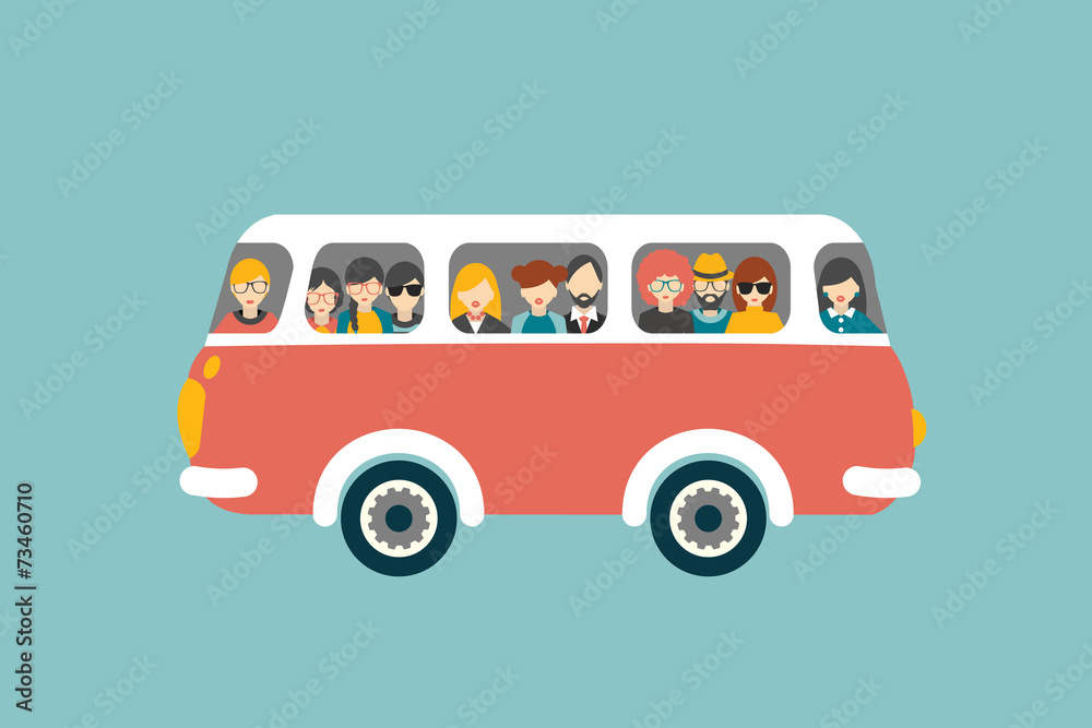 Retro bus with passengers. Flat vector concept. - obrazy, fototapety, plakaty 