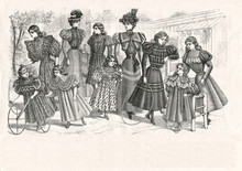 Victorian Women And Girls Playing Outdoors. Vintage Engraved Ill
