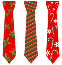 Three Red Christmas Ties With Print Isolated On White Background