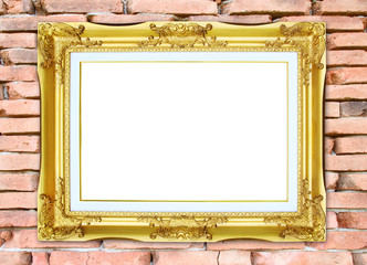 Canvas Print - golden frame on brick stone wall background