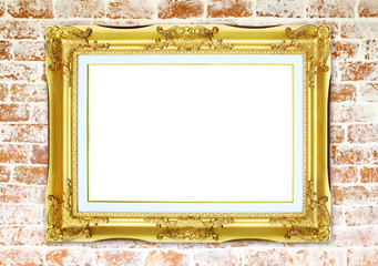 Canvas Print - golden frame on brick stone wall background