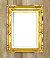 Sticker - golden frame on wood wall background