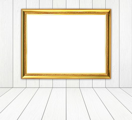 Wall Mural - golden frame in room with white wood wall and wood floor backgro