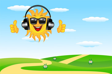 summer landscape with a merry sun in headsets