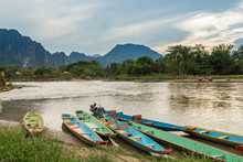 Boats In Nam Song River At Vang Vieng, Laos