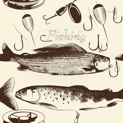 Wall Mural - seamless wallpaper pattern with hand drawn fish