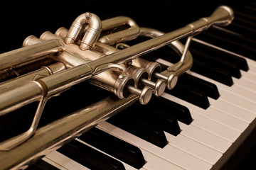 Wall Mural - Detail of trumpet lying on the piano keys