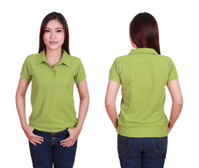 Wall Mural - set of blank polo shirt (front, back) on woman isolated on white