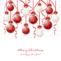 Wall Mural - Hanging Christmas balls on white background