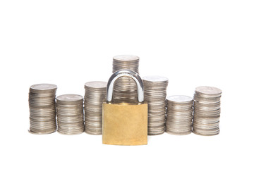 Safe money. Coins and padlocks isolated on a white background