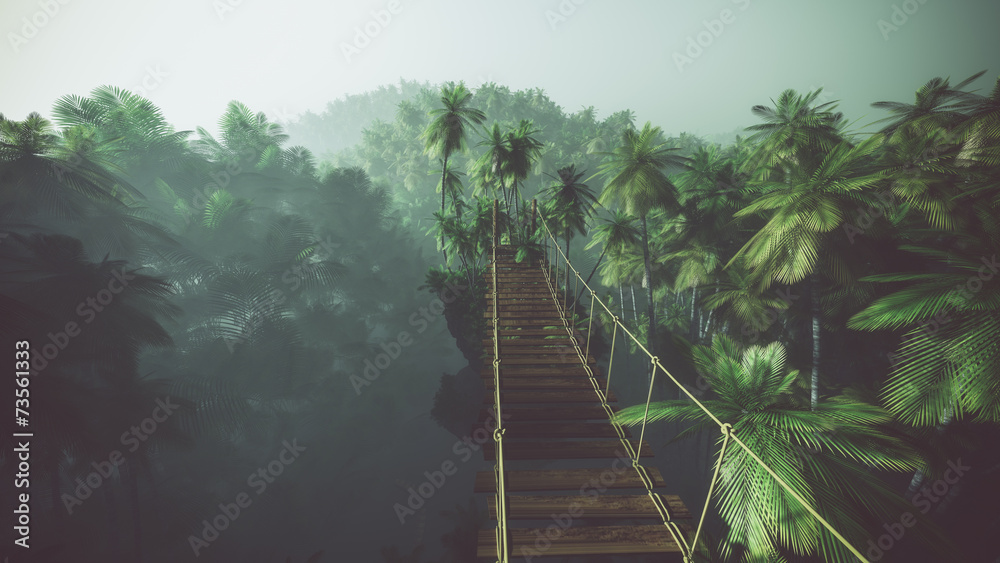Rope bridge in misty jungle with palms. Backlit. - obrazy, fototapety, plakaty 