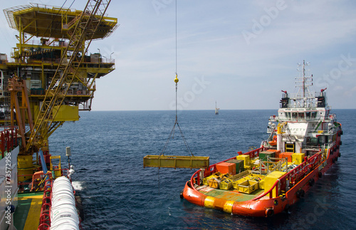 Fotografía Close-up of a supply vessel transporting cargo to nearby rigs