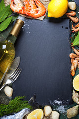 Wall Mural - Food background with Seafood and Wine