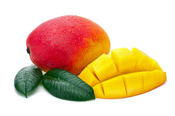 Wall Mural - Fresh Mango Fruit with Cut and Green Leaves Isolated on White Ba