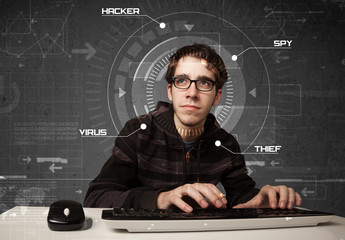 Aufkleber - Young hacker in futuristic enviroment hacking personal informati