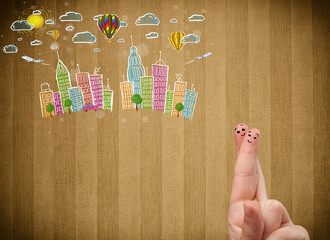 Fototapete - Happy smiley fingers looking at colorful handrawn cityscape