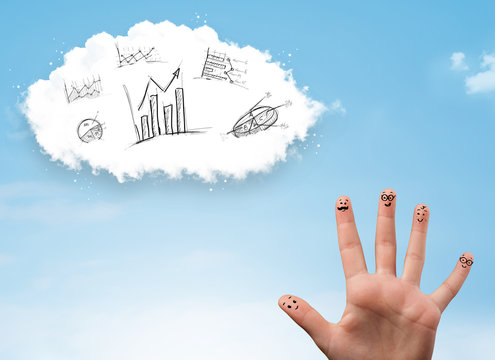 Happy smiley fingers looking at cloud with hand drawn charts