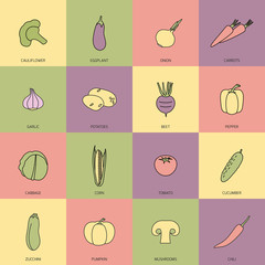 Sticker - Vegetables icons flat line set