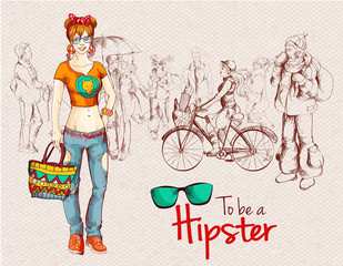 Wall Mural - Hipster girl crowd