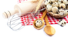 Quail Eggs, Flour And Cooking Utensils On Canvas On White Backgr