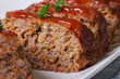 Delicious meat loaf with ketchup macro, horizontal