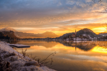 Sticker - Bled with lake in winter, Slovenia, Europe