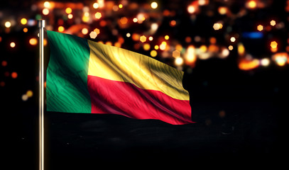 Sticker - Benin National Flag City Light Night Bokeh Background 3D