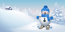 Skiing Snowman In Winter Forest, Christmas Background