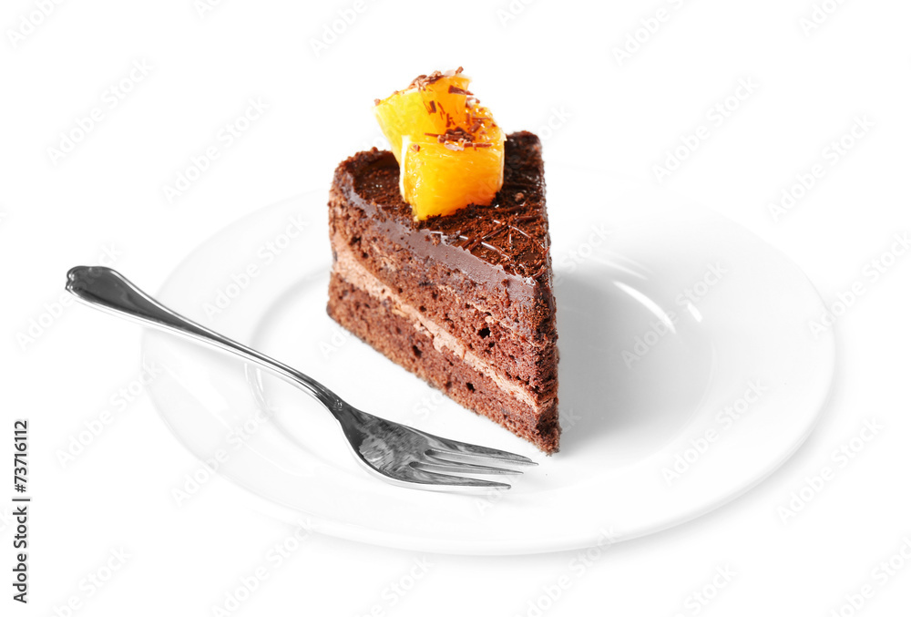 Yummy chocolate cake with orange, close-up