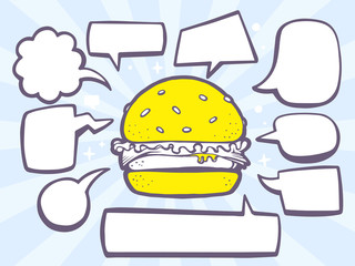 Wall Mural - Vector illustration of big burger with comics bubbles on blue ba