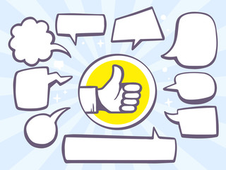 Wall Mural - Vector illustration of thumb up with speech comics bubbles on bl