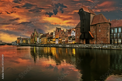 Obraz w ramie The riverside with the characteristic Crane of Gdansk, Poland.