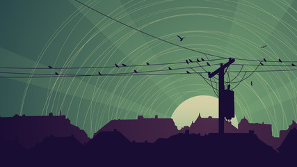 Wall Mural - Horizontal abstract night card of flock birds on city power line